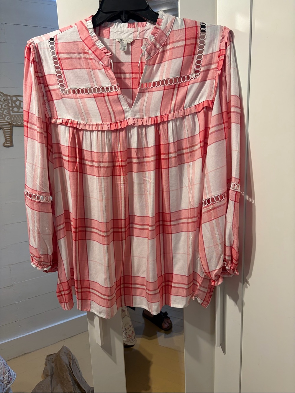 Cato Pink and White Plaid Split-Neck Tunic